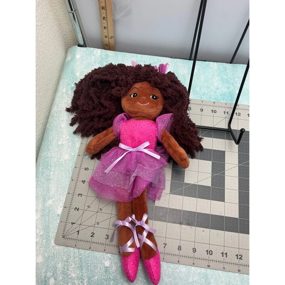 Plush Ballerina Doll Pink Purple Tutu Brown Yarn Hair Sequin Sparkle 17 Inch